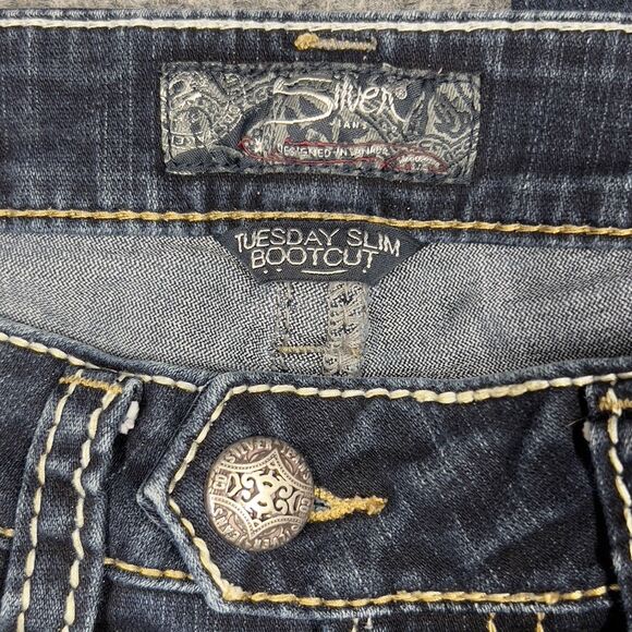 Silver Jeans Women 30x30 Tuesday Slim Bootcut Dark Wash Embroidered Indigo Denim - Picture 13 of 16